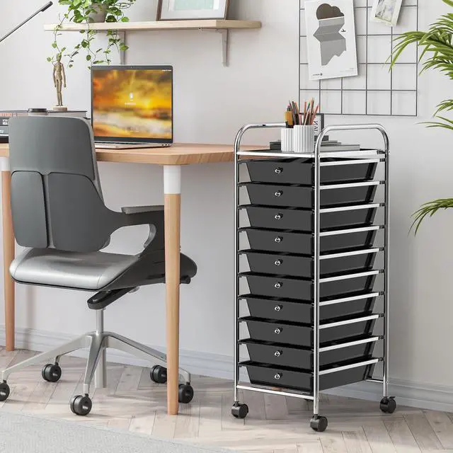 Alt view image 2 of 7 - 10 Drawer Slim Rolling Storage Utility Cart Black | 34"H Height, Lockable Rolling Casters, Metal Frame, For Classroom Teacher Office Art Craft Scrapbook Paper Supply Storage