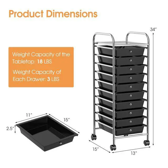 Alt view image 3 of 7 - 10 Drawer Slim Rolling Storage Utility Cart Black | 34"H Height, Lockable Rolling Casters, Metal Frame, For Classroom Teacher Office Art Craft Scrapbook Paper Supply Storage