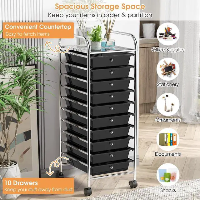 Alt view image 4 of 7 - 10 Drawer Slim Rolling Storage Utility Cart Black | 34"H Height, Lockable Rolling Casters, Metal Frame, For Classroom Teacher Office Art Craft Scrapbook Paper Supply Storage