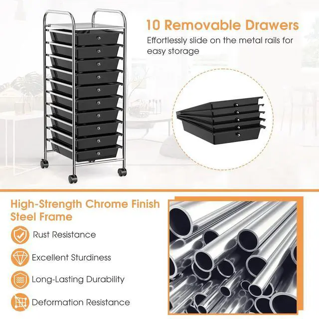 Alt view image 5 of 7 - 10 Drawer Slim Rolling Storage Utility Cart Black | 34"H Height, Lockable Rolling Casters, Metal Frame, For Classroom Teacher Office Art Craft Scrapbook Paper Supply Storage