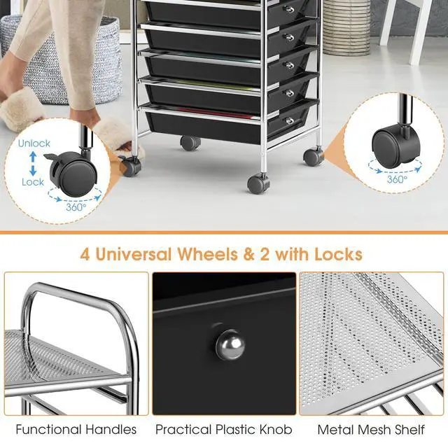 Alt view image 6 of 7 - 10 Drawer Slim Rolling Storage Utility Cart Black | 34"H Height, Lockable Rolling Casters, Metal Frame, For Classroom Teacher Office Art Craft Scrapbook Paper Supply Storage