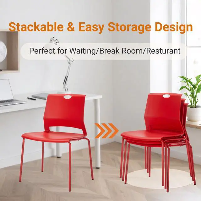 Alt view image 5 of 7 - Stackable Office Chairs, Red Guest Chairs with Comfortable Streamline Seat, Stacking Chairs No Wheels for Conference Room, Set of 4