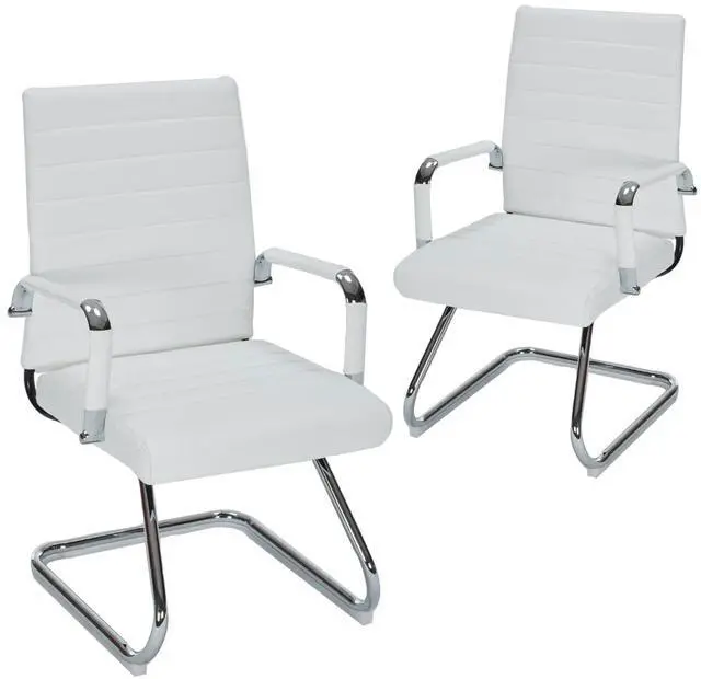 Main image of White Office Guest Chairs No Wheels Set of 2, Leather Conference Chairs | Office Guest Chairs Sled Base Modern Leather Reception Chairs with Mid Back Waiting Chair lobby visitor customer desk chair