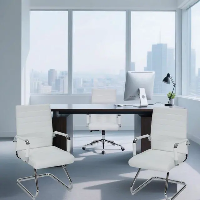 Alt view image 2 of 7 - White Office Guest Chairs No Wheels Set of 2, Leather Conference Chairs | Office Guest Chairs Sled Base Modern Leather Reception Chairs with Mid Back Waiting Chair lobby visitor customer desk chair