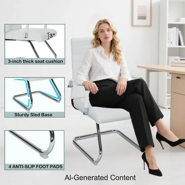 Alt view image 4 of 7 - White Office Guest Chairs No Wheels Set of 2, Leather Conference Chairs | Office Guest Chairs Sled Base Modern Leather Reception Chairs with Mid Back Waiting Chair lobby visitor customer desk chair