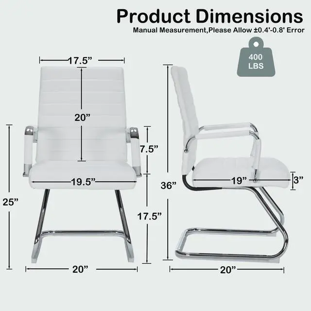 Alt view image 3 of 7 - White Office Guest Chairs No Wheels Set of 2, Leather Conference Chairs | Office Guest Chairs Sled Base Modern Leather Reception Chairs with Mid Back Waiting Chair lobby visitor customer desk chair