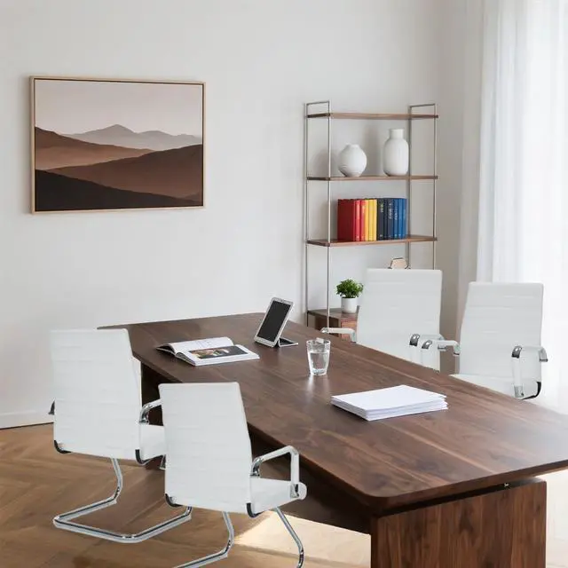 Alt view image 5 of 7 - White Office Guest Chairs No Wheels Set of 2, Leather Conference Chairs | Office Guest Chairs Sled Base Modern Leather Reception Chairs with Mid Back Waiting Chair lobby visitor customer desk chair