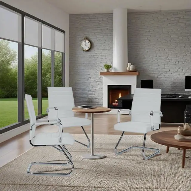 Alt view image 6 of 7 - White Office Guest Chairs No Wheels Set of 2, Leather Conference Chairs | Office Guest Chairs Sled Base Modern Leather Reception Chairs with Mid Back Waiting Chair lobby visitor customer desk chair