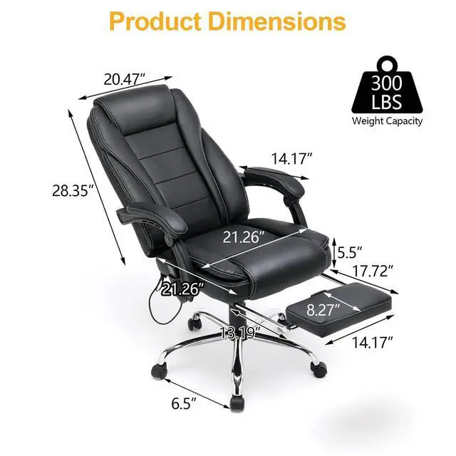 Alt view image 3 of 6 - 6-Point Massage Heated Office Chair with Footrest, Black | Ergonomic Adjustable Back, Pu Leather