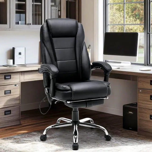 Alt view image 2 of 6 - 6-Point Massage Heated Office Chair with Footrest, Black | Ergonomic Adjustable Back, Pu Leather