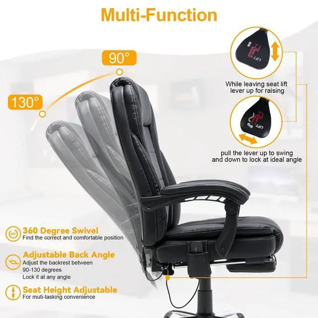 Alt view image 5 of 6 - 6-Point Massage Heated Office Chair with Footrest, Black | Ergonomic Adjustable Back, Pu Leather