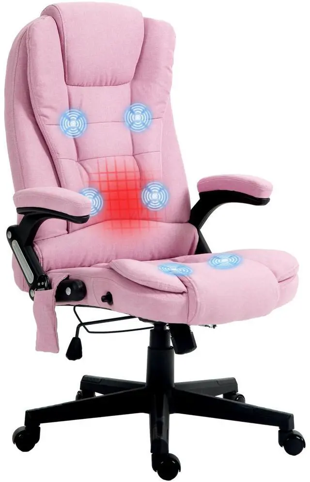 Main image of Vinsetto 6 Point Vibrating Massage Office Chair with Heat Pink | Linen High Back Executive Office Chair, Reclining Backrest, Padded Armrests, Remote