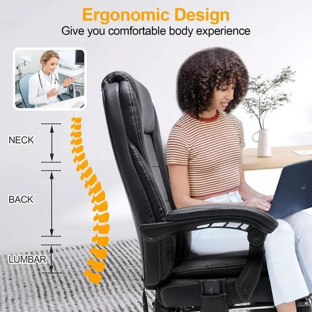 Alt view image 4 of 6 - 6-Point Massage Heated Office Chair with Footrest, Black | Ergonomic Adjustable Back, Pu Leather