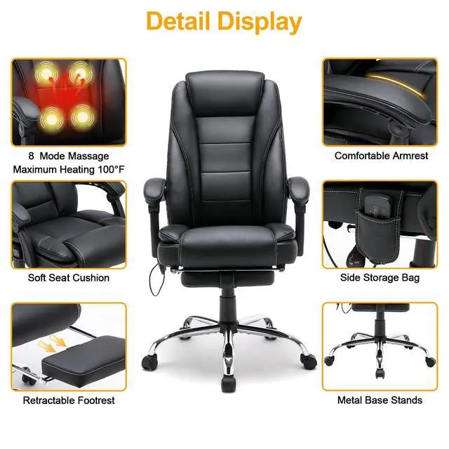 Alt view image 6 of 6 - 6-Point Massage Heated Office Chair with Footrest, Black | Ergonomic Adjustable Back, Pu Leather