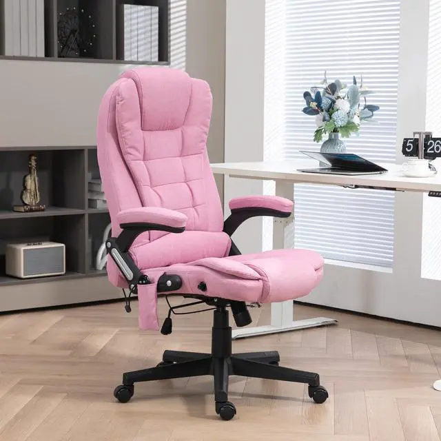 Alt view image 2 of 7 - Vinsetto 6 Point Vibrating Massage Office Chair with Heat Pink | Linen High Back Executive Office Chair, Reclining Backrest, Padded Armrests, Remote