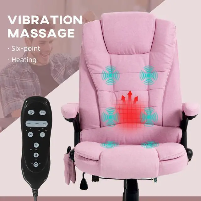 Alt view image 4 of 7 - Vinsetto 6 Point Vibrating Massage Office Chair with Heat Pink | Linen High Back Executive Office Chair, Reclining Backrest, Padded Armrests, Remote