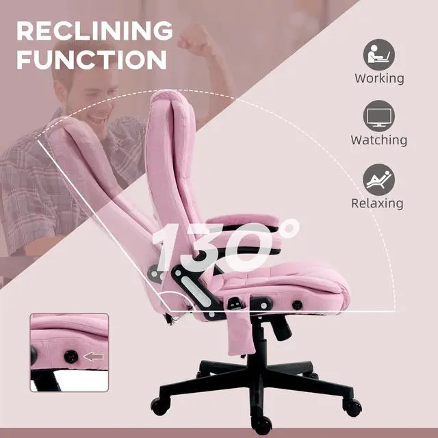 Alt view image 6 of 7 - Vinsetto 6 Point Vibrating Massage Office Chair with Heat Pink | Linen High Back Executive Office Chair, Reclining Backrest, Padded Armrests, Remote