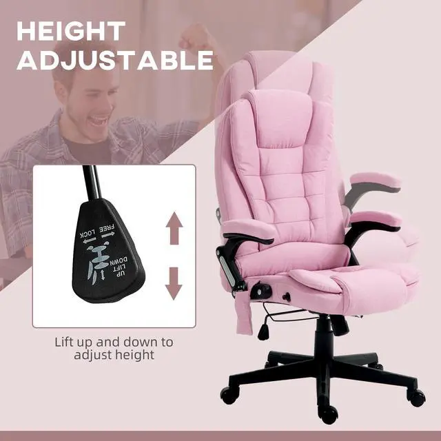 Alt view image 5 of 7 - Vinsetto 6 Point Vibrating Massage Office Chair with Heat Pink | Linen High Back Executive Office Chair, Reclining Backrest, Padded Armrests, Remote