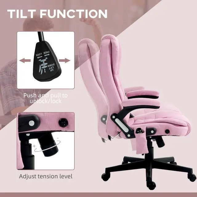 Alt view image 7 of 7 - Vinsetto 6 Point Vibrating Massage Office Chair with Heat Pink | Linen High Back Executive Office Chair, Reclining Backrest, Padded Armrests, Remote