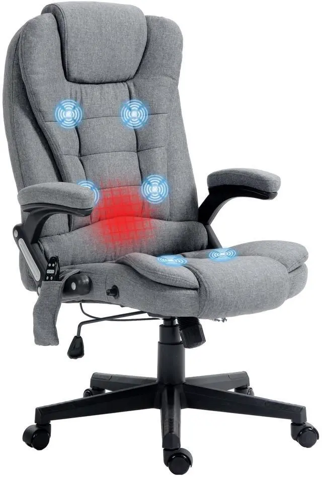 Main image of Vinsetto 6 Point Vibrating Massage Office Chair with Heat Gray | Linen High Back Executive Office Chair, Reclining Backrest, Padded Armrests, Remote