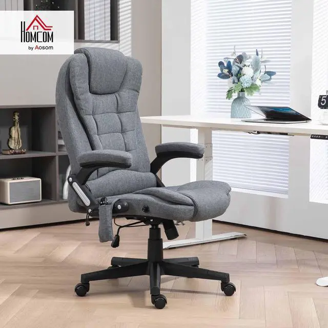 Alt view image 2 of 7 - Vinsetto 6 Point Vibrating Massage Office Chair with Heat Gray | Linen High Back Executive Office Chair, Reclining Backrest, Padded Armrests, Remote