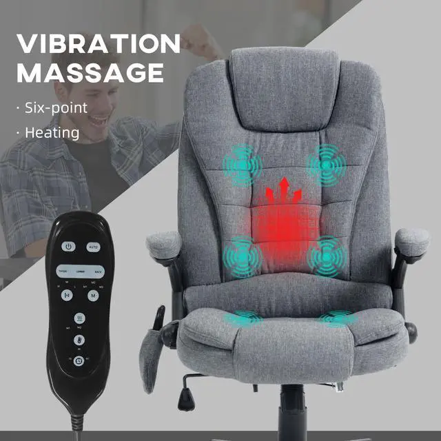 Alt view image 4 of 7 - Vinsetto 6 Point Vibrating Massage Office Chair with Heat Gray | Linen High Back Executive Office Chair, Reclining Backrest, Padded Armrests, Remote