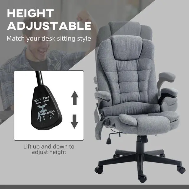 Alt view image 5 of 7 - Vinsetto 6 Point Vibrating Massage Office Chair with Heat Gray | Linen High Back Executive Office Chair, Reclining Backrest, Padded Armrests, Remote