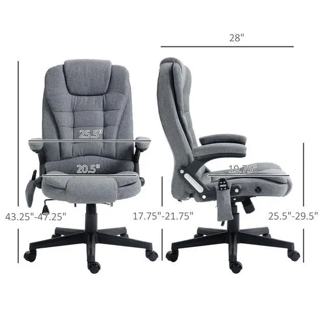 Alt view image 3 of 7 - Vinsetto 6 Point Vibrating Massage Office Chair with Heat Gray | Linen High Back Executive Office Chair, Reclining Backrest, Padded Armrests, Remote