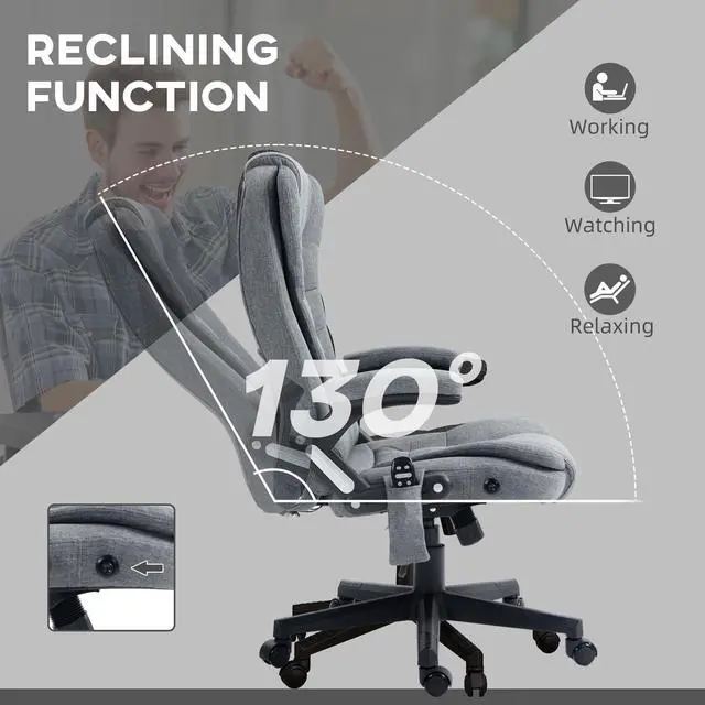 Alt view image 6 of 7 - Vinsetto 6 Point Vibrating Massage Office Chair with Heat Gray | Linen High Back Executive Office Chair, Reclining Backrest, Padded Armrests, Remote