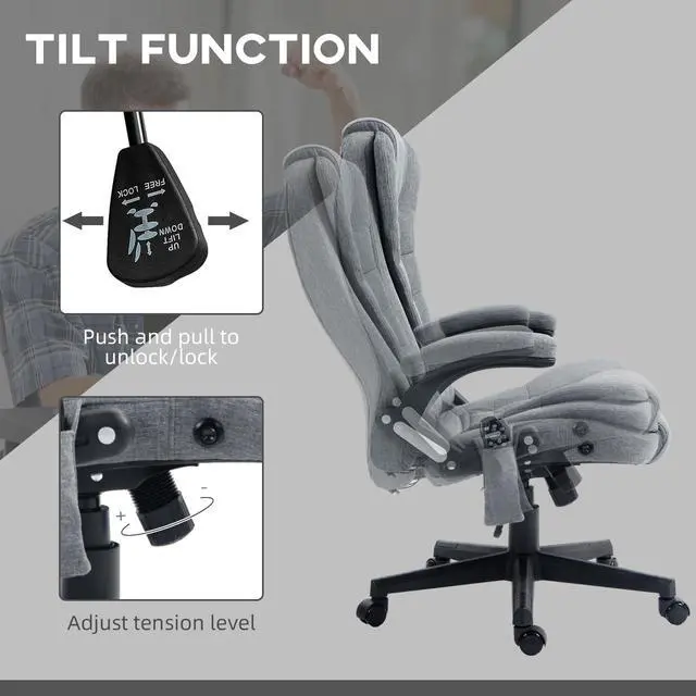Alt view image 7 of 7 - Vinsetto 6 Point Vibrating Massage Office Chair with Heat Gray | Linen High Back Executive Office Chair, Reclining Backrest, Padded Armrests, Remote