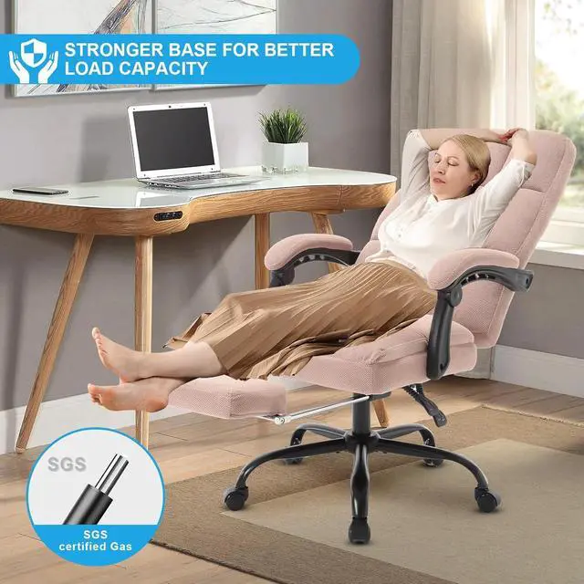 Alt view image 3 of 6 - Erogonomic Reclining Office Chair with Footrest, High Back Fabric Cute Comfortable Recliner Office Desk Chair with Leg Foot Rest for Women,Pink