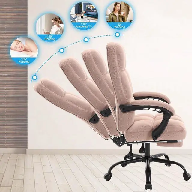 Alt view image 6 of 6 - Erogonomic Reclining Office Chair with Footrest, High Back Fabric Cute Comfortable Recliner Office Desk Chair with Leg Foot Rest for Women,Pink