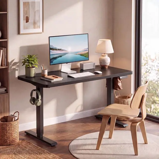 Alt view image 2 of 7 - Hmimi 48'' ×24'' Height Adjustable Electric Standing Desk | Lockable Wheels, 4 Memory Presets, 2 Cable Holes, 2 Hooks, Anti-Collision System, Alloy Steel Frame, Black
