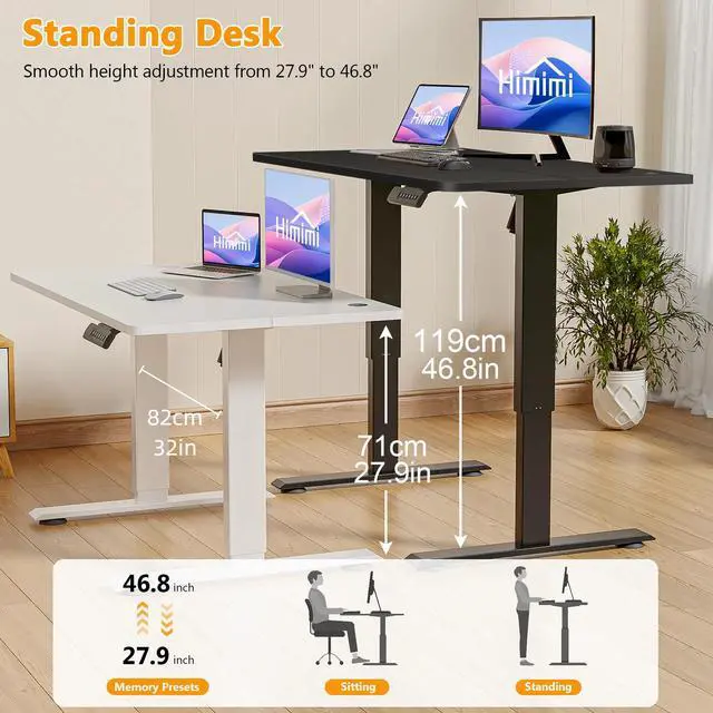 Alt view image 5 of 7 - Hmimi 48'' ×24'' Height Adjustable Electric Standing Desk | Lockable Wheels, 4 Memory Presets, 2 Cable Holes, 2 Hooks, Anti-Collision System, Alloy Steel Frame, Black