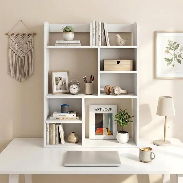Alt view image 2 of 7 - 3-Tier Desktop Bookshelf, 23.5" Desk Hutch Dorm with 8 Open Storage Cubes, Desk Organizer Shelf for Computer Desk, White Desk Shelves for Home Office College Dressing Tabletop