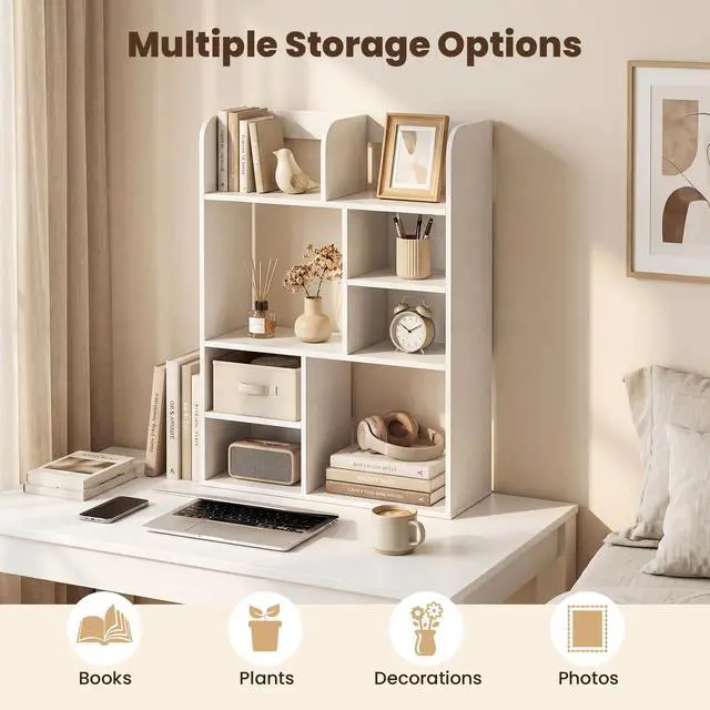 Alt view image 5 of 7 - 3-Tier Desktop Bookshelf, 23.5" Desk Hutch Dorm with 8 Open Storage Cubes, Desk Organizer Shelf for Computer Desk, White Desk Shelves for Home Office College Dressing Tabletop