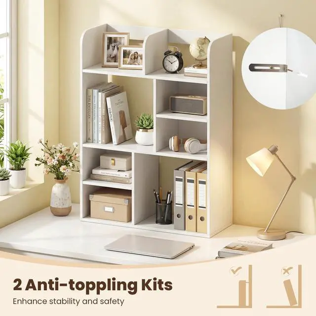 Alt view image 4 of 7 - 3-Tier Desktop Bookshelf, 23.5" Desk Hutch Dorm with 8 Open Storage Cubes, Desk Organizer Shelf for Computer Desk, White Desk Shelves for Home Office College Dressing Tabletop