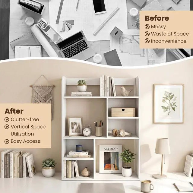 Alt view image 6 of 7 - 3-Tier Desktop Bookshelf, 23.5" Desk Hutch Dorm with 8 Open Storage Cubes, Desk Organizer Shelf for Computer Desk, White Desk Shelves for Home Office College Dressing Tabletop