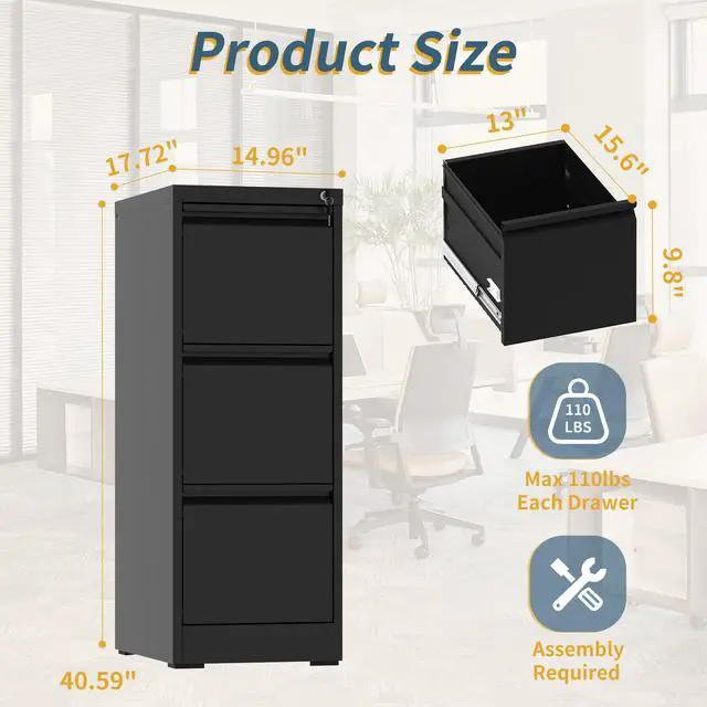 Alt view image 2 of 7 - 3 Drawer File Cabinet with Lock, Vertical Filing Cabinets for Home Office, Metal Storage Cabinets, Heavy Duty File Cabinet for Letter/Legal/A4/F4 Size Amsseble Required, Black