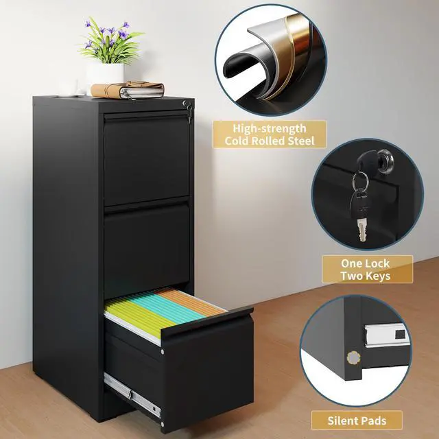 Alt view image 4 of 7 - 3 Drawer File Cabinet with Lock, Vertical Filing Cabinets for Home Office, Metal Storage Cabinets, Heavy Duty File Cabinet for Letter/Legal/A4/F4 Size Amsseble Required, Black