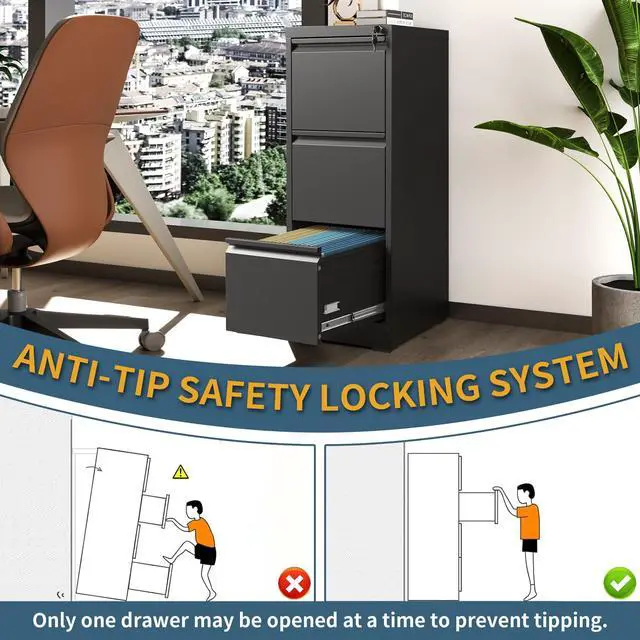 Alt view image 5 of 7 - 3 Drawer File Cabinet with Lock, Vertical Filing Cabinets for Home Office, Metal Storage Cabinets, Heavy Duty File Cabinet for Letter/Legal/A4/F4 Size Amsseble Required, Black