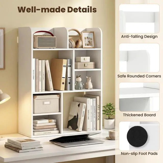 Alt view image 7 of 7 - 3-Tier Desktop Bookshelf, 23.5" Desk Hutch Dorm with 8 Open Storage Cubes, Desk Organizer Shelf for Computer Desk, White Desk Shelves for Home Office College Dressing Tabletop