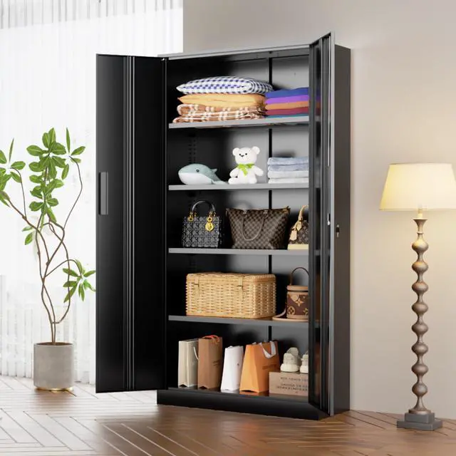 Alt view image 2 of 7 - 72" Metal Office Storage Locking Cabinet, Lockable Garage Storage Cabinets, High Office Cabinet with Adjustable Shelves for Garage(Black)