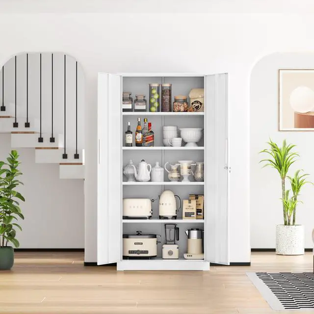 Alt view image 2 of 7 - 72" Metal Office Storage Locking Cabinet, Lockable Garage Storage Cabinets, High Office Storage Cabinet with Adjustable Shelves for Garage(White)