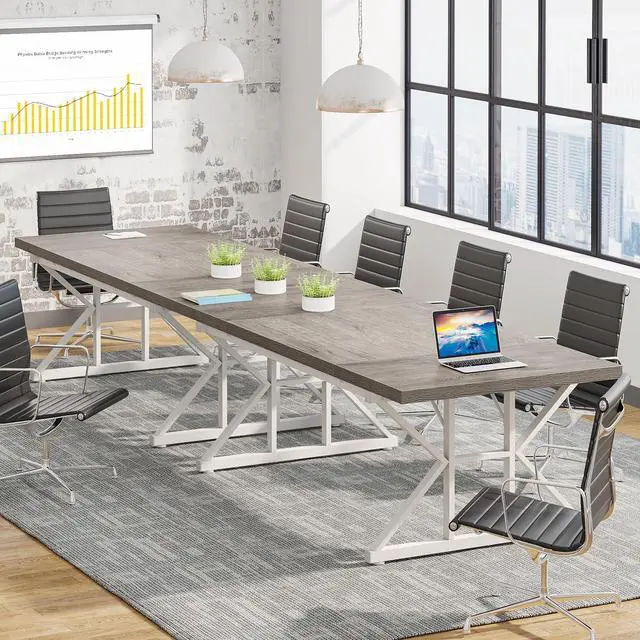 Alt view image 4 of 7 - 6FT Conference Table, 70.86 L x 31.49 W x 29.52 H Inches Rectangle Meeting Room Table, Rustic Wood Seminar Table Executive Desk for Office, Conference Room (Grey/White)