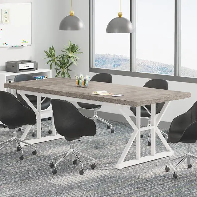 Alt view image 3 of 7 - 6FT Conference Table, 70.86 L x 31.49 W x 29.52 H Inches Rectangle Meeting Room Table, Rustic Wood Seminar Table Executive Desk for Office, Conference Room (Grey/White)