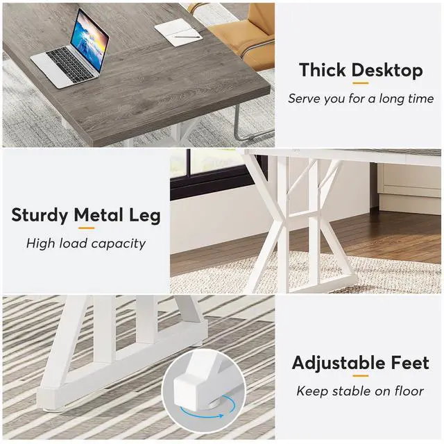 Alt view image 6 of 7 - 6FT Conference Table, 70.86 L x 31.49 W x 29.52 H Inches Rectangle Meeting Room Table, Rustic Wood Seminar Table Executive Desk for Office, Conference Room (Grey/White)