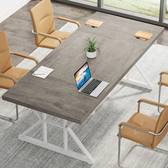 Alt view image 5 of 7 - 6FT Conference Table, 70.86 L x 31.49 W x 29.52 H Inches Rectangle Meeting Room Table, Rustic Wood Seminar Table Executive Desk for Office, Conference Room (Grey/White)