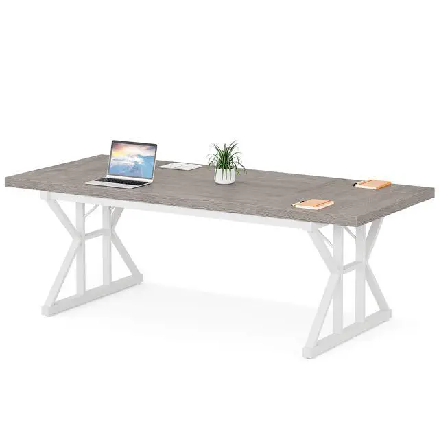Alt view image 7 of 7 - 6FT Conference Table, 70.86 L x 31.49 W x 29.52 H Inches Rectangle Meeting Room Table, Rustic Wood Seminar Table Executive Desk for Office, Conference Room (Grey/White)