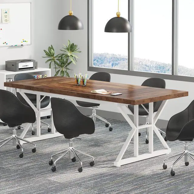 Alt view image 3 of 7 - 6FT Conference Table, 70.86 L x 31.49 W x 29.52 H Inches Rectangle Meeting Room Table, Rustic Wood Seminar Table Executive Desk for Office, Conference Room(Brown/White)